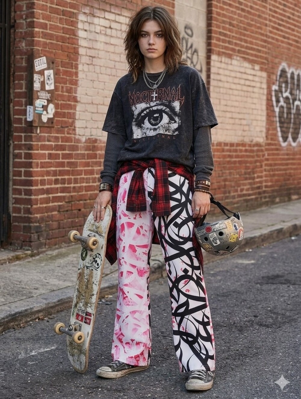 Womens Black White & Pink~SZ Large~Palazzo Pants~Skater Flair W/Beltloops Tattoo